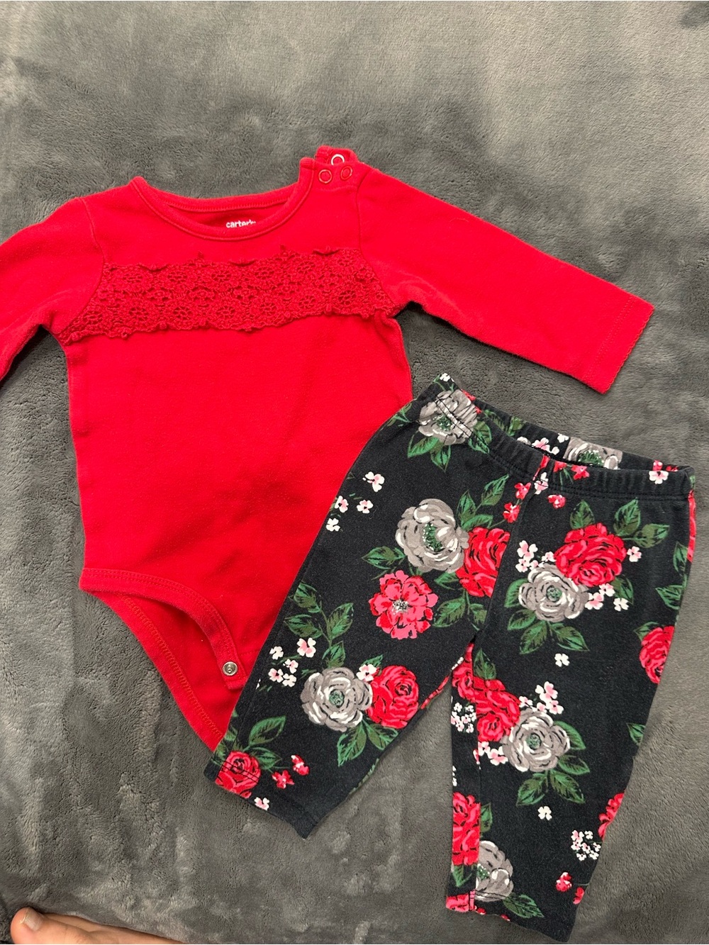 Carter's Red Lace-Trim Bodysuit with Floral Black Pants